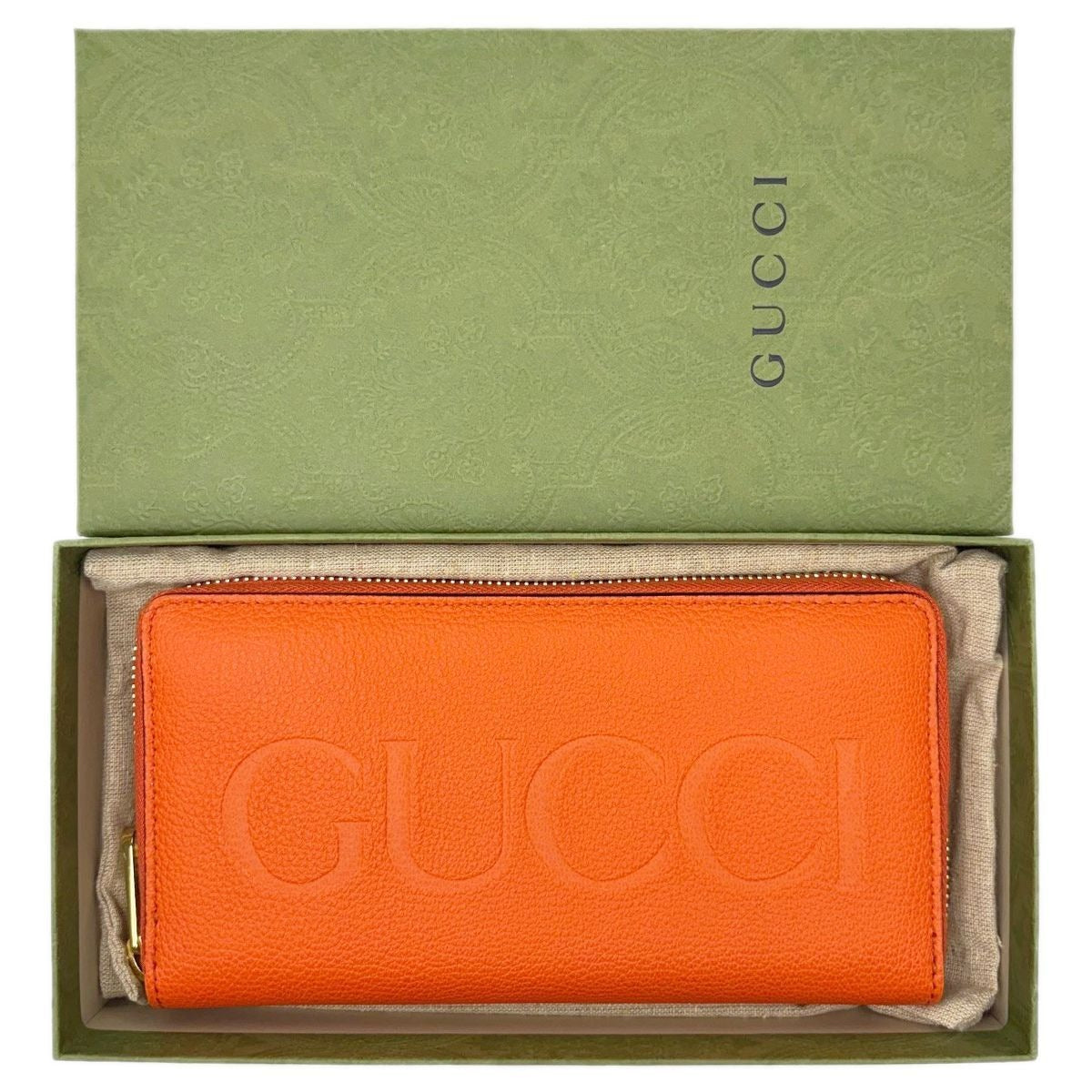 Gucci Wallet Zip Around Leather Logo Orange Gold