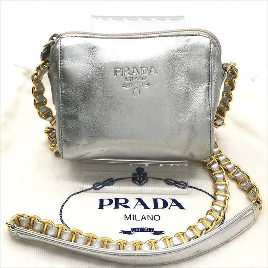 Prada Leather Mini Chain Shoulder Bag Silver Gold