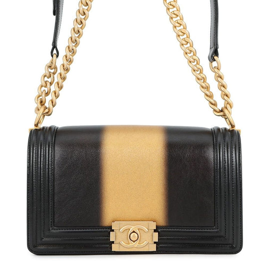 Chanel Chain Shoulder Bag Boy Striped Leather Black