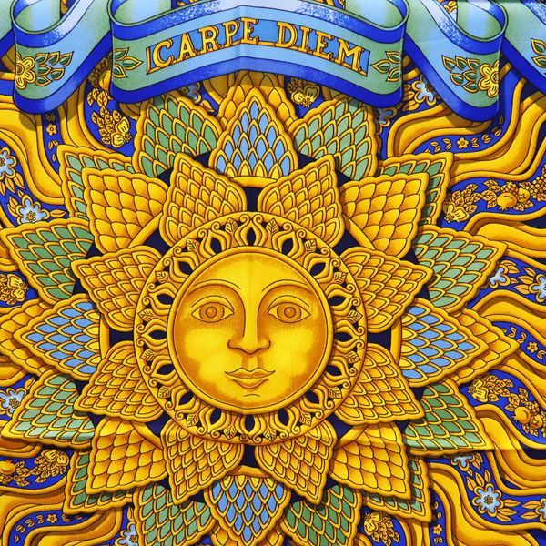 Hermes Carre 90 Carpe DIEM Enjoy Your Day Scarf 100% Silk Blue Sun Blue Hermes