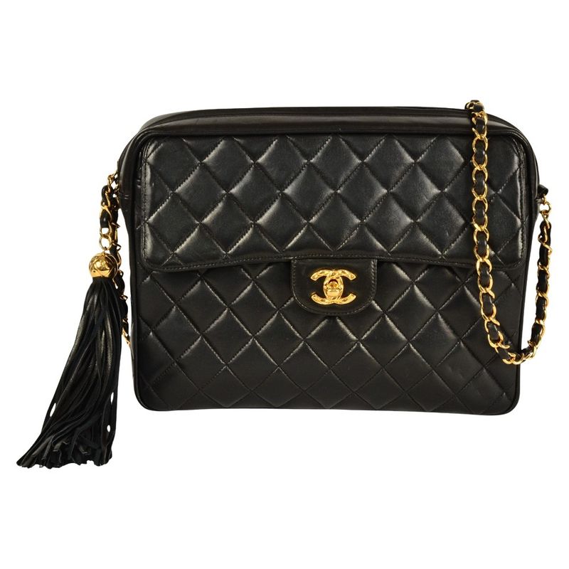 Chanel Matelasse Coco Mark Shoulder Bag Lambskin Black Gold Hardware Fringe