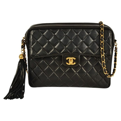 Chanel Matelasse Coco Mark Shoulder Bag Lambskin Black Gold Hardware Fringe