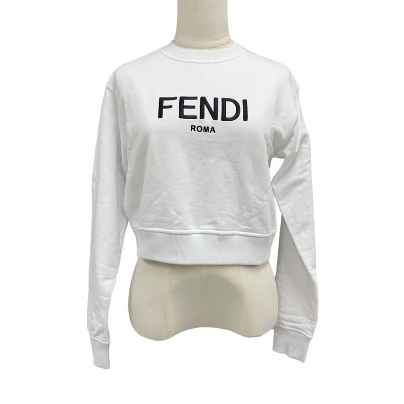 Fendi Top Cotton White Black Logo Long Sleeve Sweatshirt Cropped Brushed