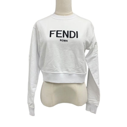 Fendi Top Cotton White Black Logo Long Sleeve Sweatshirt Cropped Brushed
