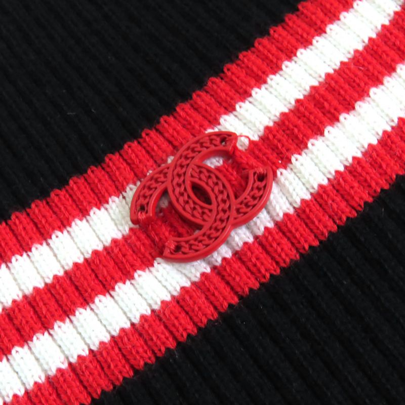 CHANEL P77660 Cotton Cashmere Coco Mark Part Striped Ribbed Tank Top Sleeveless