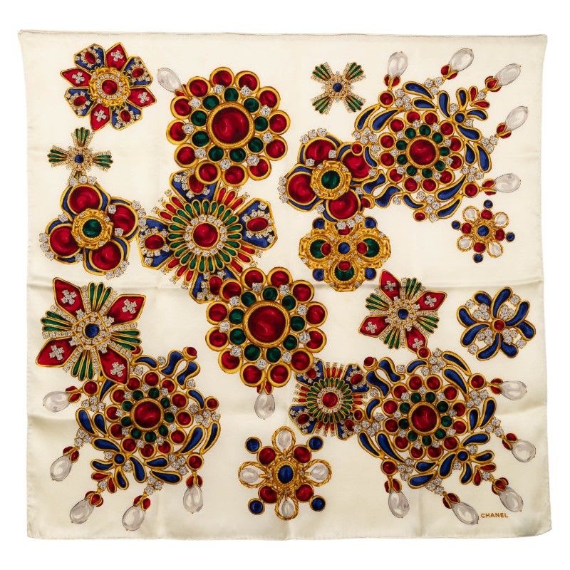 Chanel Jewelry Gem Pattern White Multicolor Silk