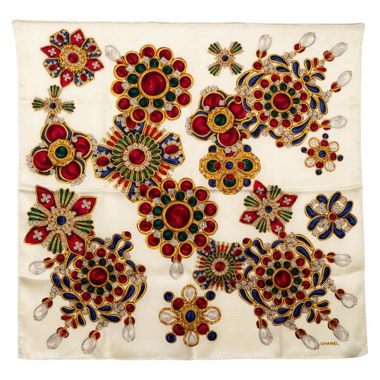 Chanel Jewelry Gem Pattern White Multicolor Silk