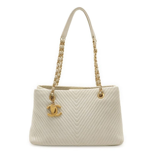 Chanel V Stitch Chevron Tote Bag Chain Shoulder Leather Ivory