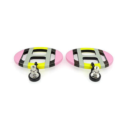 Hermes Earrings H Equipe Buffalo Horn Pair Multicolor Pink Gray Yellow