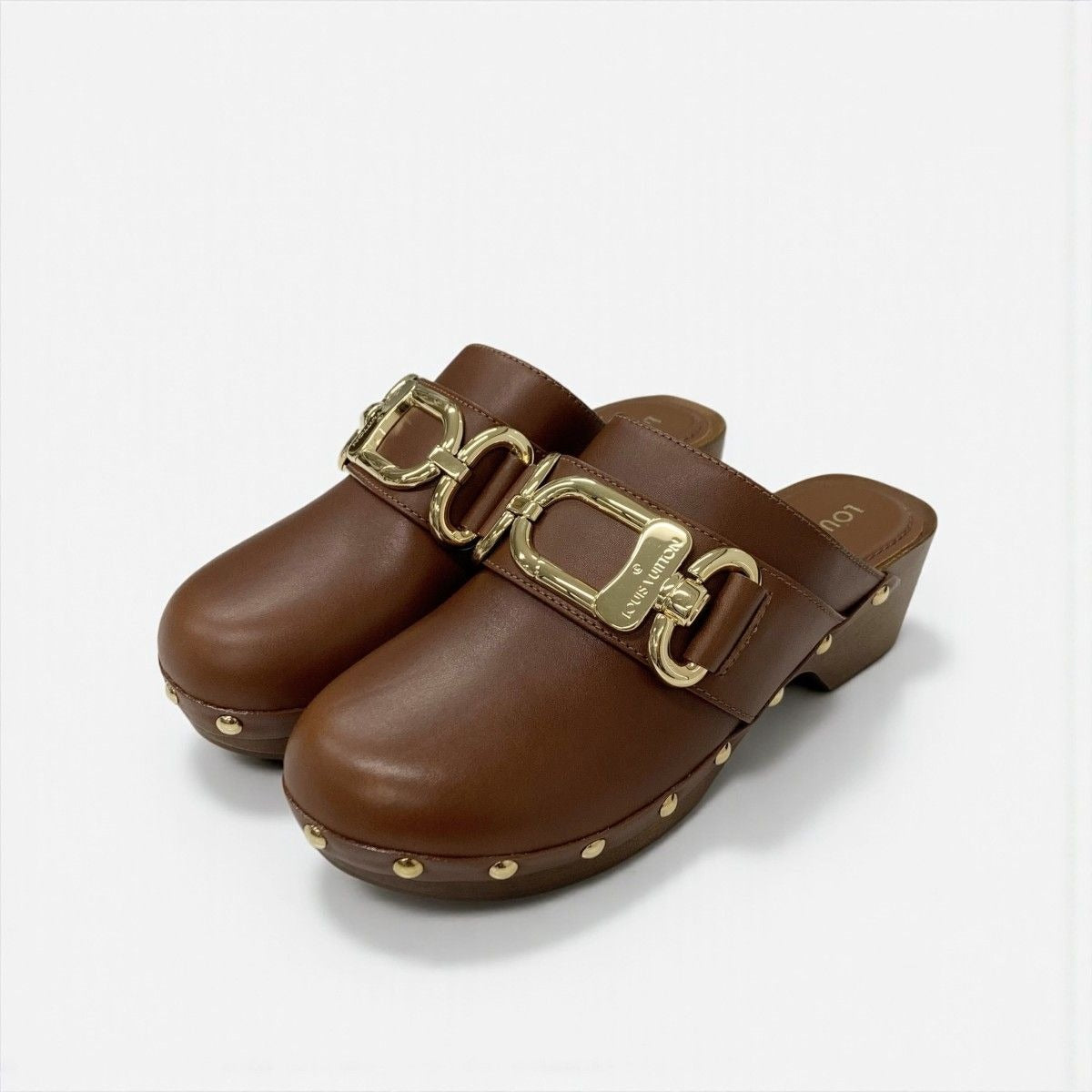 Louis Vuitton Cottage Line Sandals Shoes Leather Brown Gold Logo Studs Sabot