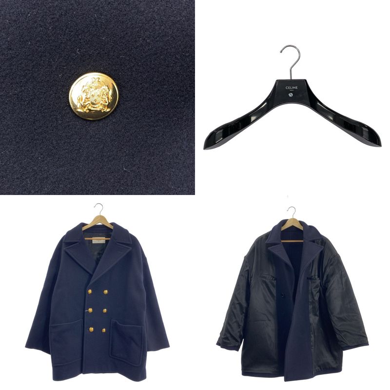 Celine - Wool Gold Button Double Overcoat Fully Lined - 40 - Dark Navy - Women's