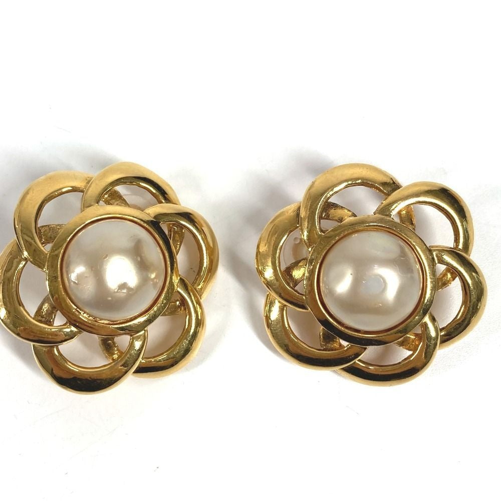 Chanel Earrings Faux Pearl Flower Metal Gold