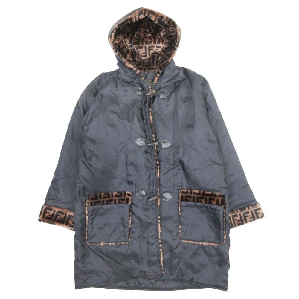 Fendi Vintage Zucca Pattern Coat Jacket Outer Fur Ittierre Black Beige