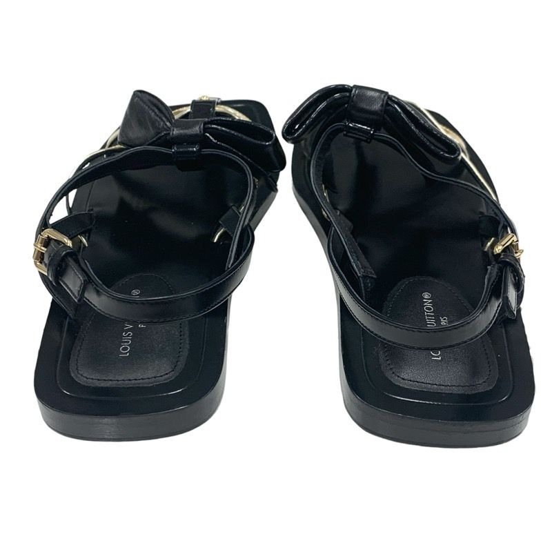 Louis Vuitton Peplum Line Sandals Shoes Leather Black Gold Black Ribbon Flat