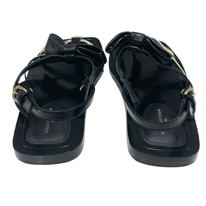 Louis Vuitton Peplum Line Sandals Shoes Leather Black Gold Black Ribbon Flat