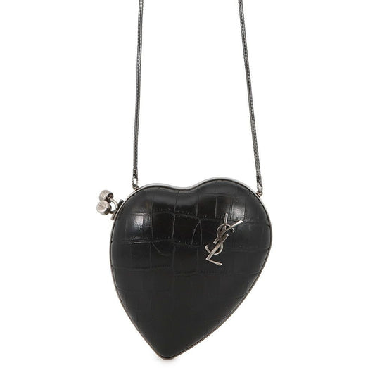 Saint Laurent Paris Chain Shoulder Bag Love Box Croco Embossed Leather Black