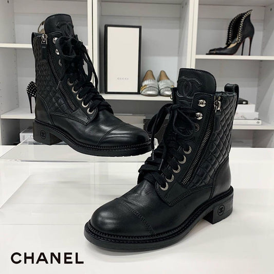 Chanel Quilted Coco Mark Leather Lace Up Short Boots