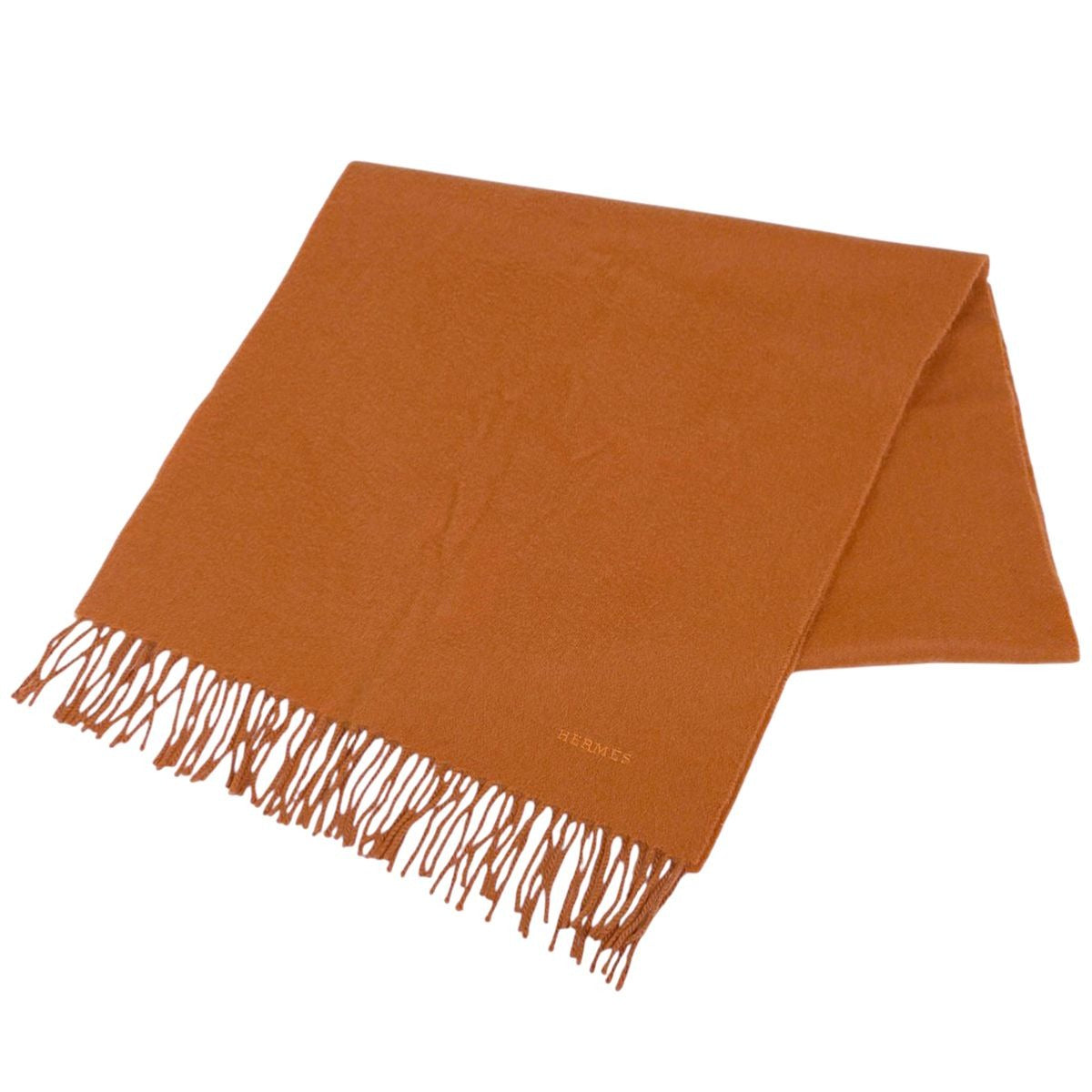 Hermes Logo Scarf Fringe Cashmere Orange
