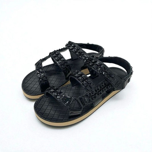 Chanel Sandals Shoes Leather Black Coco Mark Chain Velcro