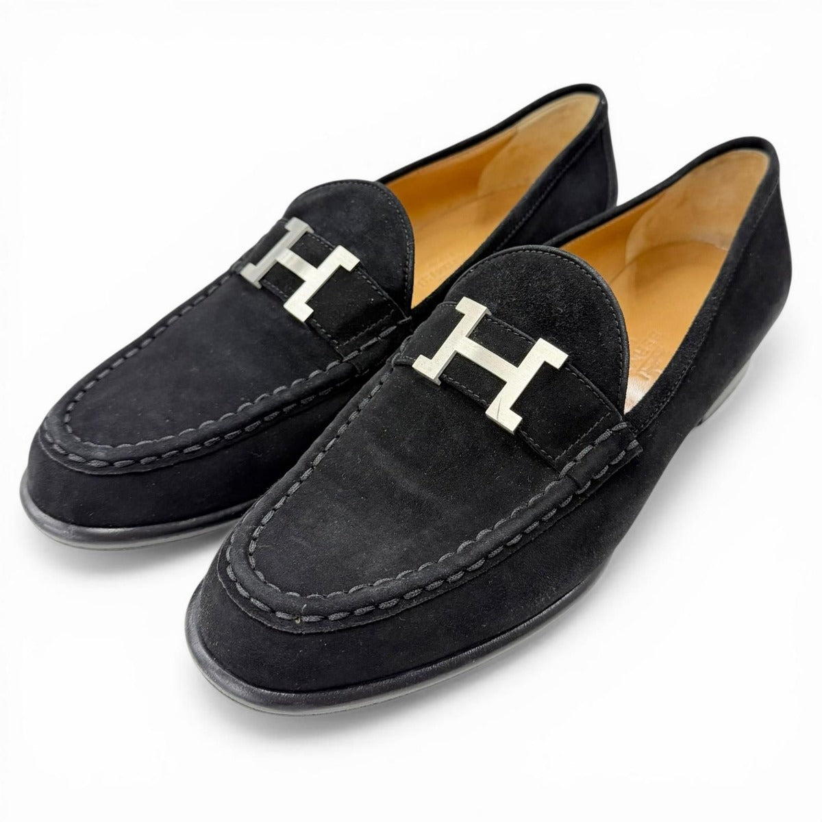 Hermes Vintage Constance Silver Hhardware Suede Leather Loafer Black 40