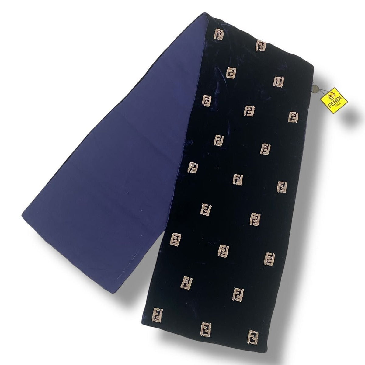 Fendi Scarf Embroidered FF Logo Velour Silk Navy
