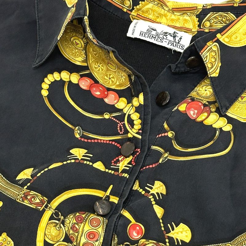 Hermes Long-sleeved Shirt Vintage Twillraine Silk Black And Gold
