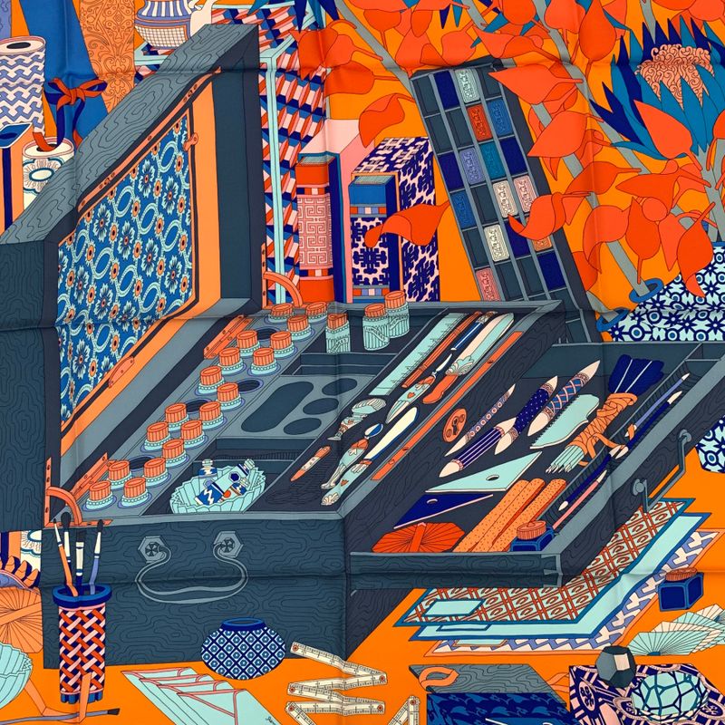 Hermes Carre 90 Les Tresors D'un Artiste A Painter's Treasure Orange And Blue