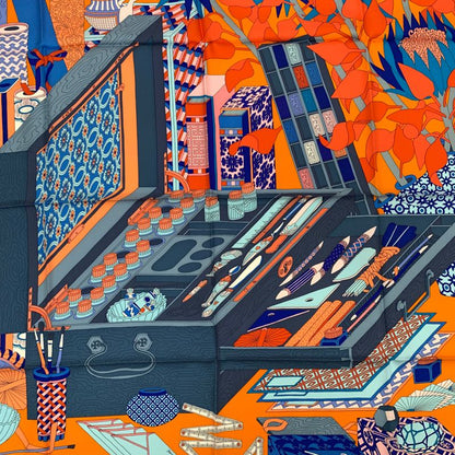 Hermes Carre 90 Les Tresors D'un Artiste A Painter's Treasure Orange And Blue