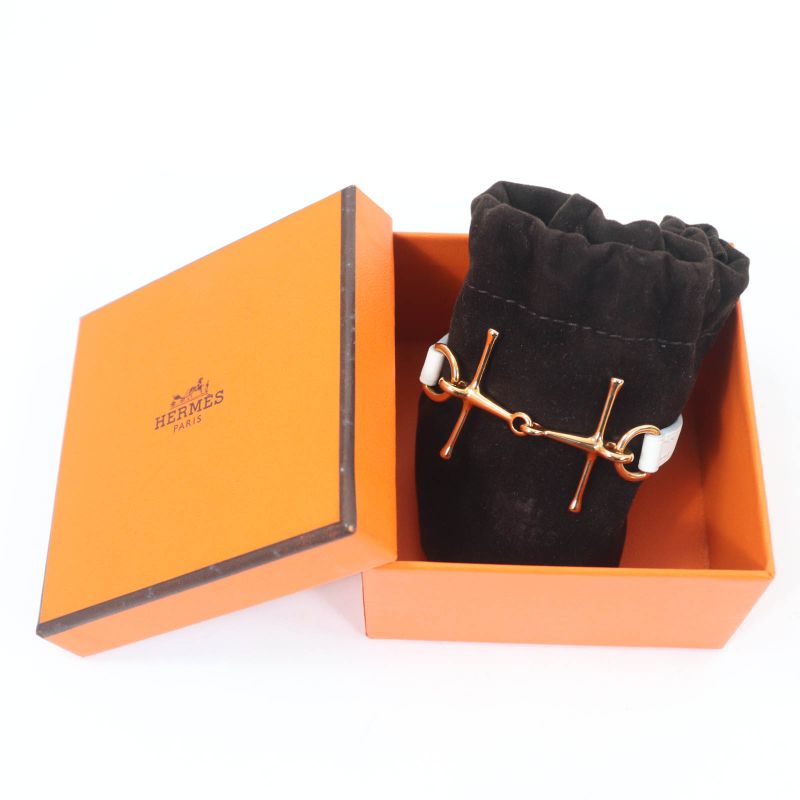 Hermes Maul Bracelet Pink Gold Hardware Leather White T2 C Engraved With Box