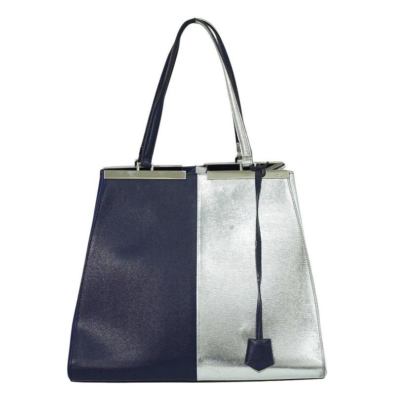 Authentic Fendi Trois Jour Bicolor Tote Handbag PVC Leather Navy Silver 8bh272