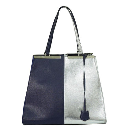 Authentic Fendi Trois Jour Bicolor Tote Handbag PVC Leather Navy Silver 8bh272