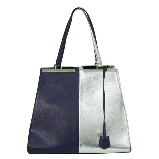 Authentic Fendi Trois Jour Bicolor Tote Handbag PVC Leather Navy Silver 8bh272