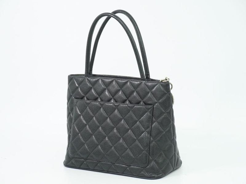 Authentic Chanel Coco Mark Revival Tote Handbag Caviar Skin Leather Black Coco