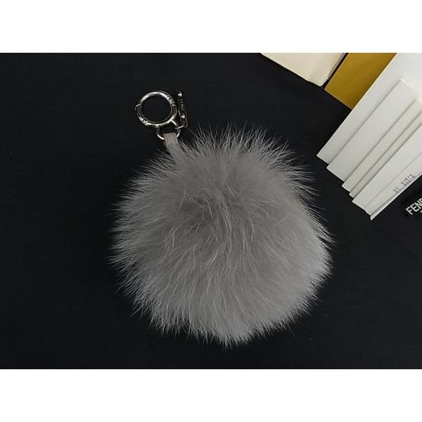 Fendi Pom Charm Leather Key Holder Key Sling Bag Light Gray