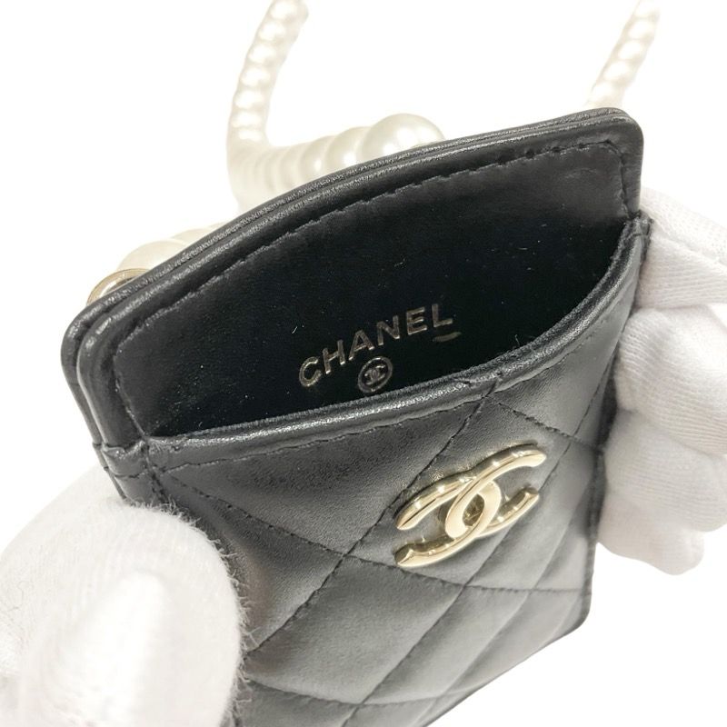 Chanel Card Case Card Holder Pass Case Black Gold Coco Mark Matelasse Pearl