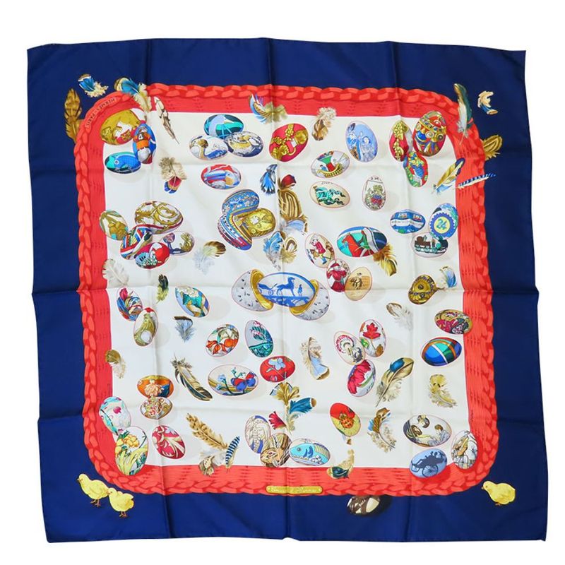 Hermes Scarf Carré 90 Couvee D'hermes Egg Silk Navy White Red Fashionable Women