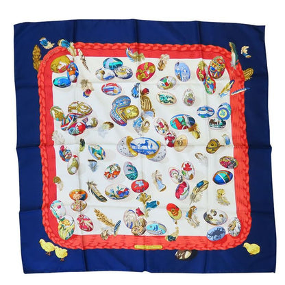 Hermes Scarf Carré 90 Couvee D'hermes Egg Silk Navy White Red Fashionable Women