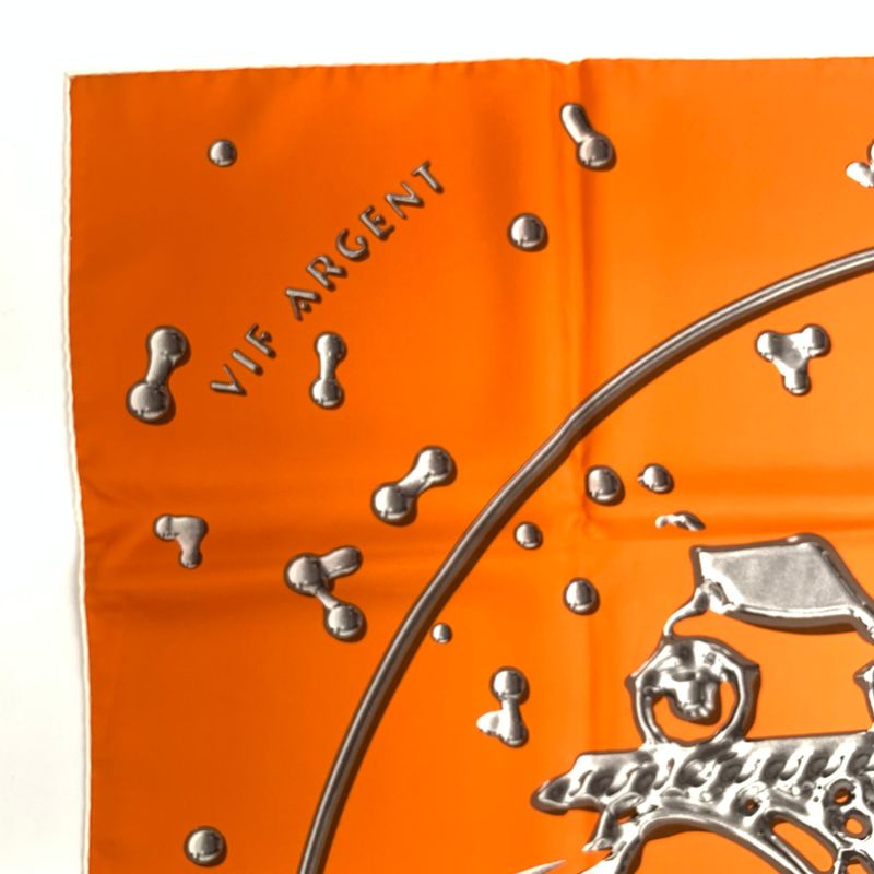 Hermes Carré 90 VIF Argent Silver Drops Orange Silk Scarf With Box