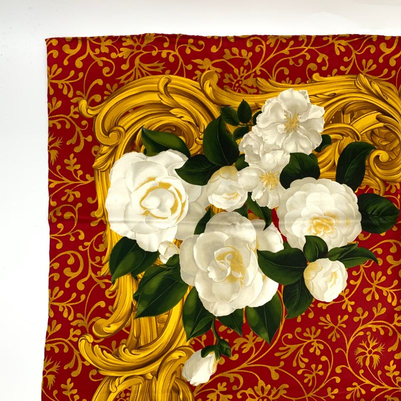 Chanel Camellia Silk Scarf Large Red X Gold X White