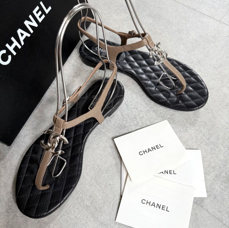 Chanel Thong Sandals Matelasse Coco Mark Flat Shoes Sandals Black Beige Silver