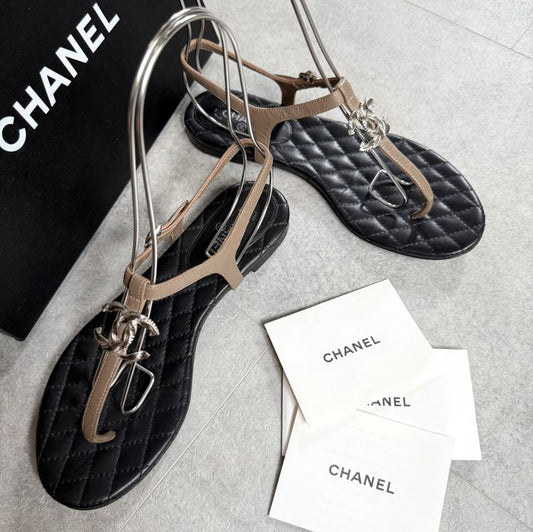 Chanel Thong Sandals Matelasse Coco Mark Flat Shoes Sandals Black Beige Silver