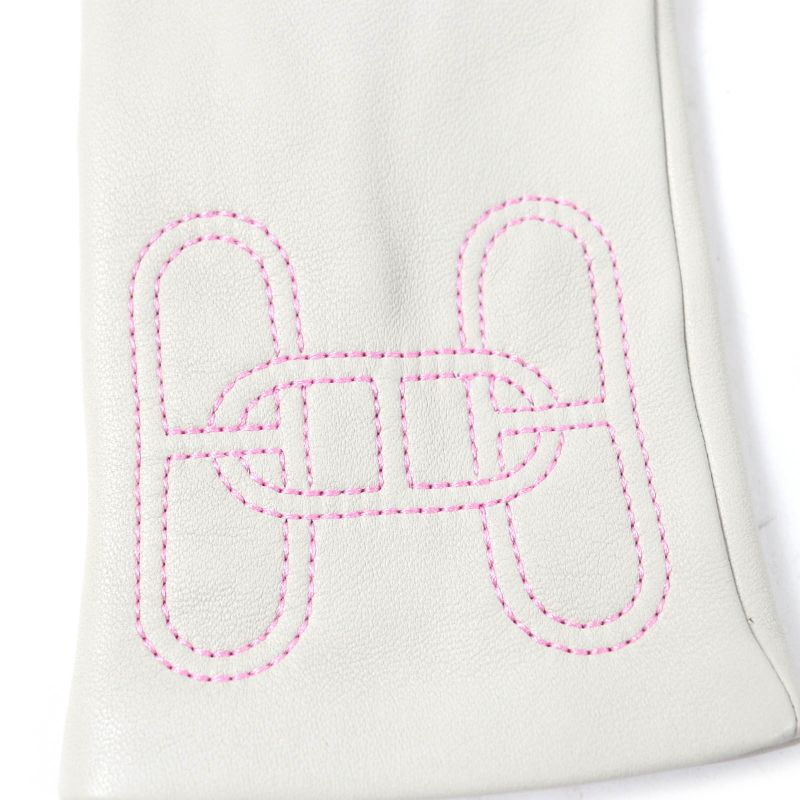 Hermes Lamb Leather Lined 100% Silk Chaine D'ancre H Motif Gloves Light Gray