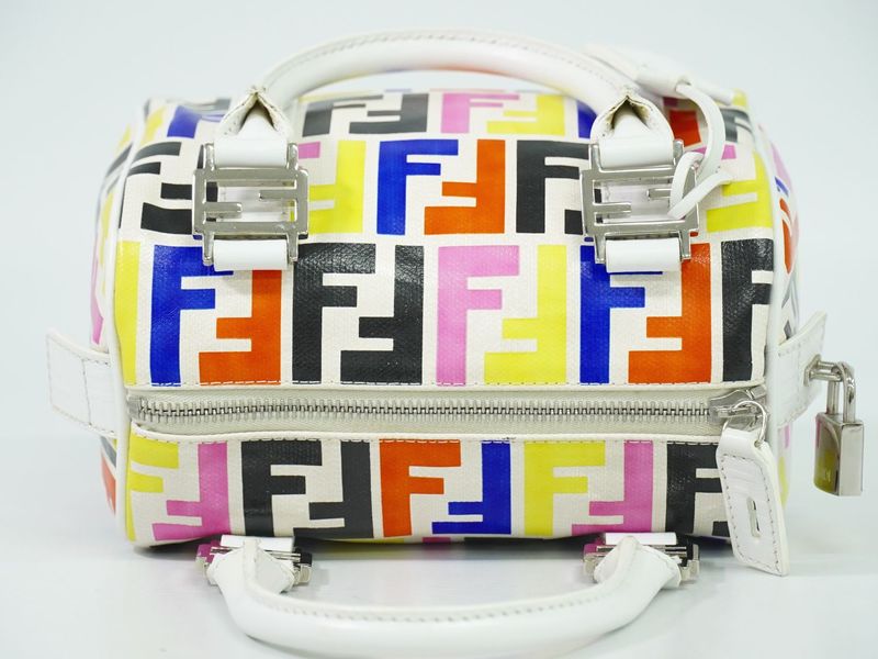 Authentic Fendi Zucca Mini Boston Bag Handbag PVC White Multicolor 8bl071 Zucca