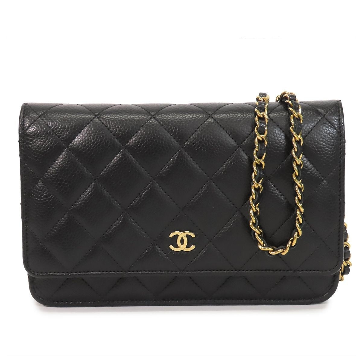 Chanel Chain Wallet Black Gold Caviar Leather Quilted Pochette Shoulder Bag