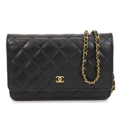 Chanel Chain Wallet Black Gold Caviar Leather Quilted Pochette Shoulder Bag