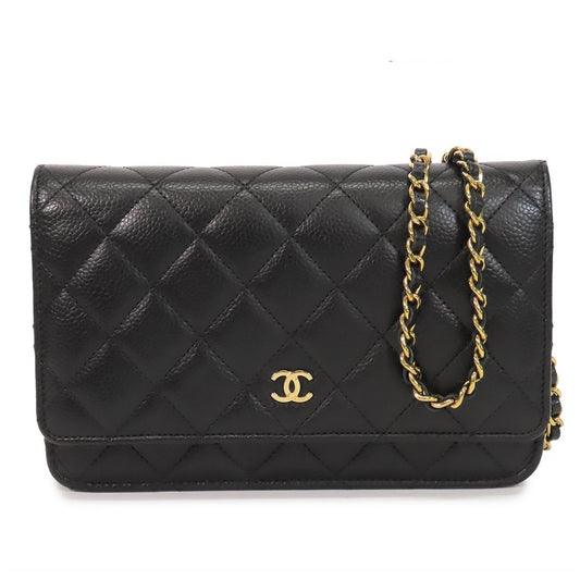 Chanel Chain Wallet Black Gold Caviar Leather Quilted Pochette Shoulder Bag