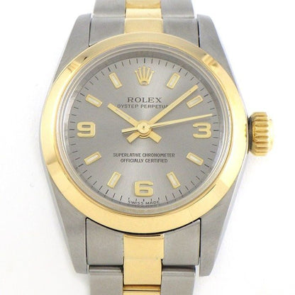 Rolex Watch Oyster Perpetual Luminous Index Hands Silver Dial 18k Yellow Gold