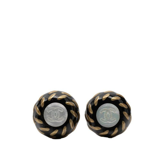 Chanel CC Logo Earrings Gold Black Plated