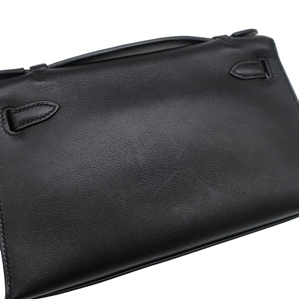 Hermes Handbag Pochette Kelly Evergrain Black Silver Hardware Black Mini Bag L