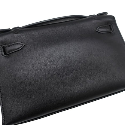 Hermes Handbag Pochette Kelly Evergrain Black Silver Hardware Black Mini Bag L